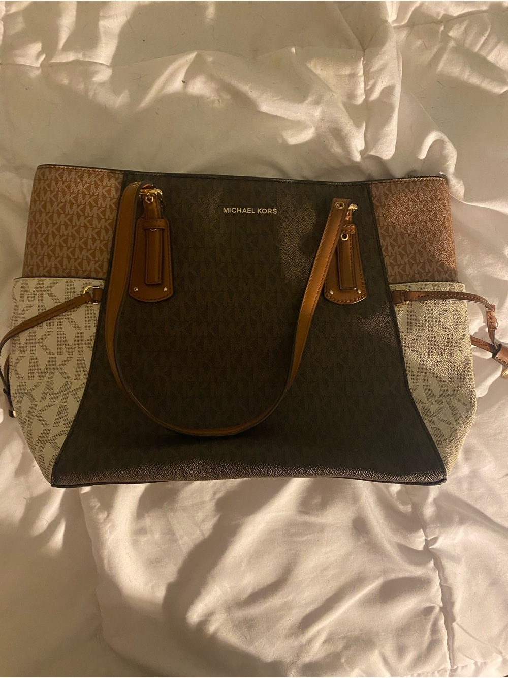 Michael Kors Colorblock Signature MK Tote - Brown, Tan, Cream